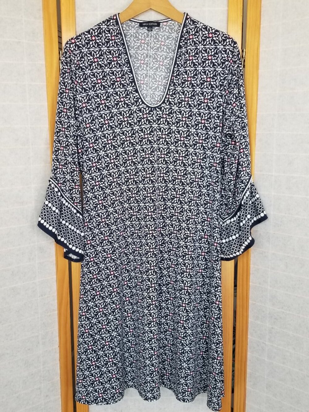 Max Edition A-Line Dress 3/4 Sleeves Size Large Navy Blue Print